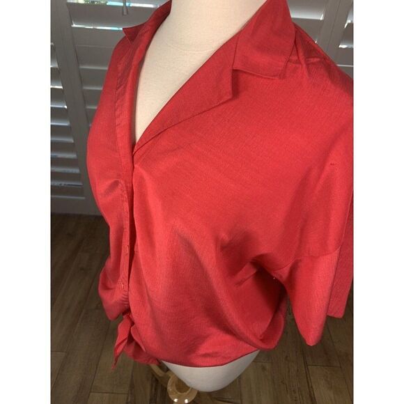 Vtg 70s Lehigh Red Button Up Blouse L/XL Tie Waist Collared Band Classic Retro - Picture 11 of 11